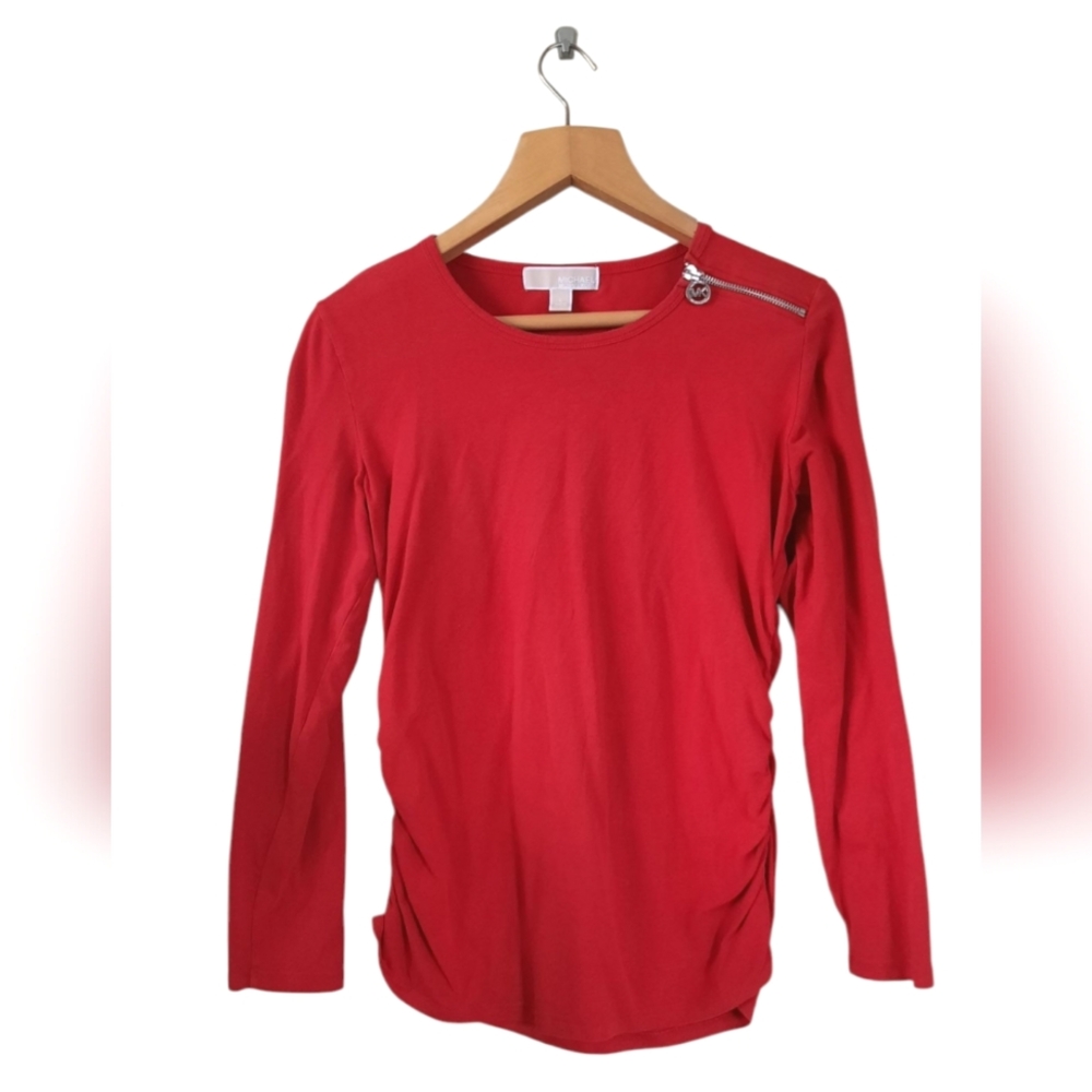 Michael Kors Red Ruched Side Zipper Detail Top